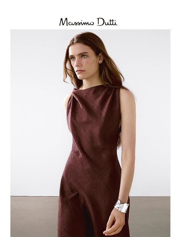 Massimo Dutti Women's Sleeveless Midi Dress Maroon Cotton Blend
