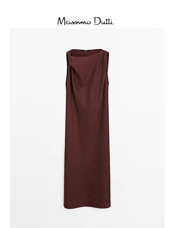 Massimo Dutti Women's Sleeveless Midi Dress Maroon Cotton Blend
