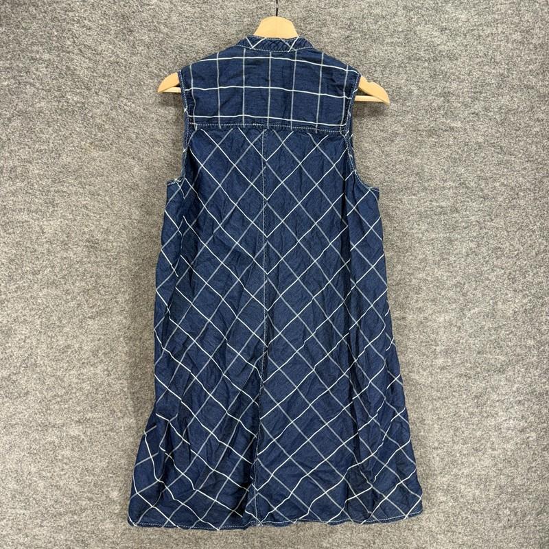Max Studio Dress Women L Large Blue Plaid Shift Short Crew Neck Button Cotton