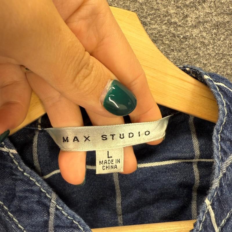 Max Studio Dress Women L Large Blue Plaid Shift Short Crew Neck Button Cotton