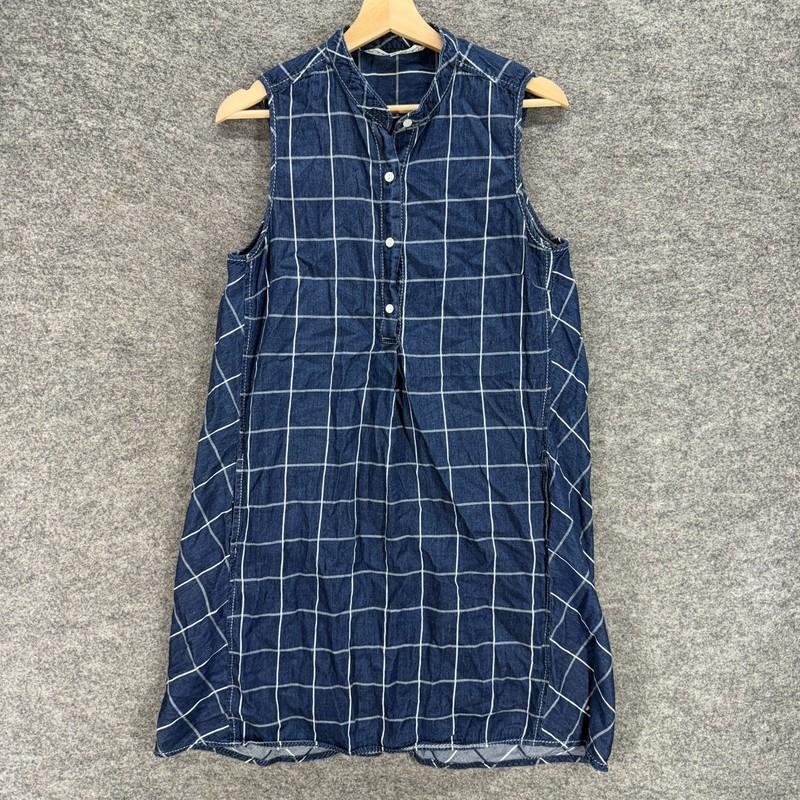 Max Studio Dress Women L Large Blue Plaid Shift Short Crew Neck Button Cotton