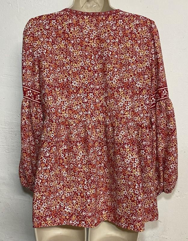 Max Studio Small Blouse Red Floral Long Puff Sleeve Button Scoop Neck Relaxed
