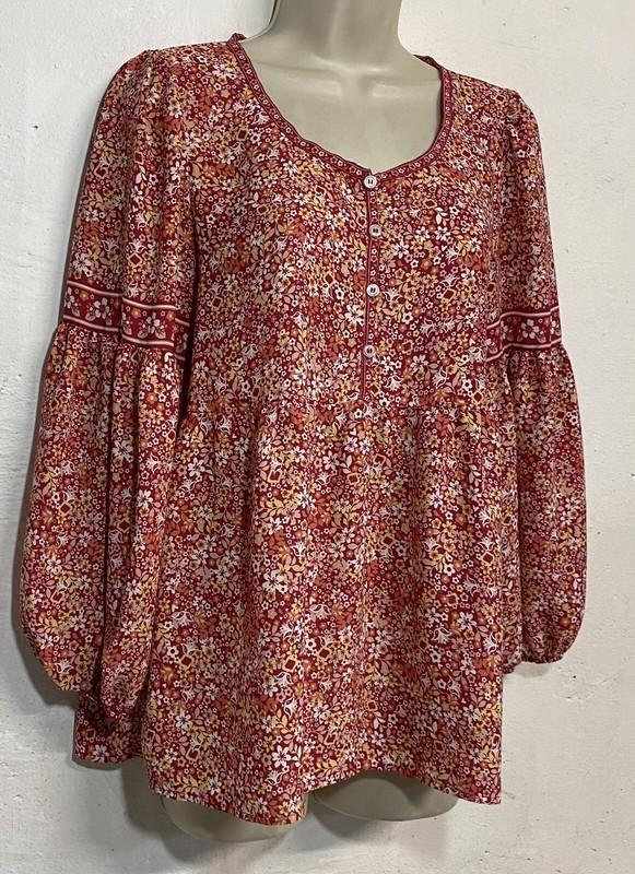 Max Studio Small Blouse Red Floral Long Puff Sleeve Button Scoop Neck Relaxed