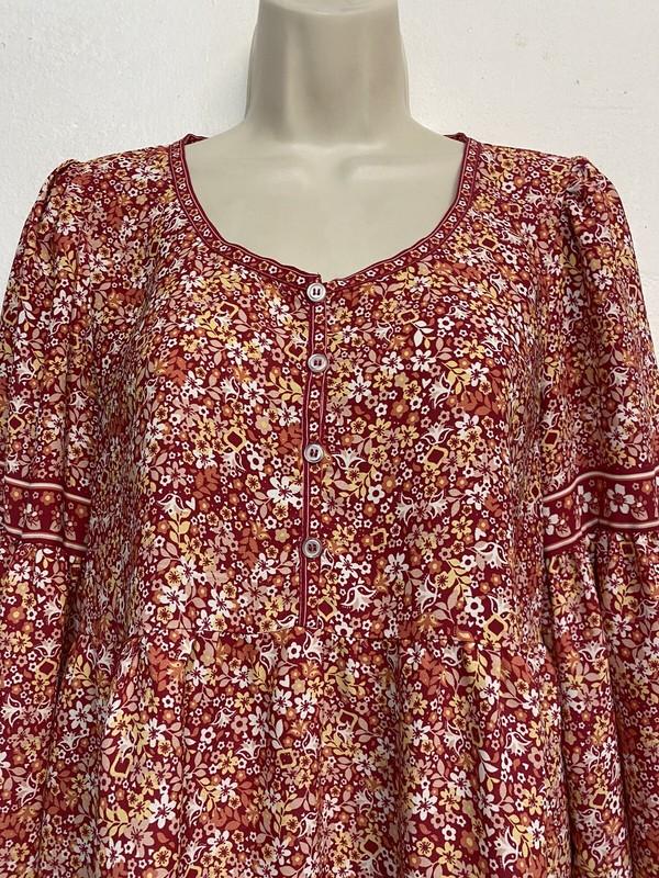 Max Studio Small Blouse Red Floral Long Puff Sleeve Button Scoop Neck Relaxed