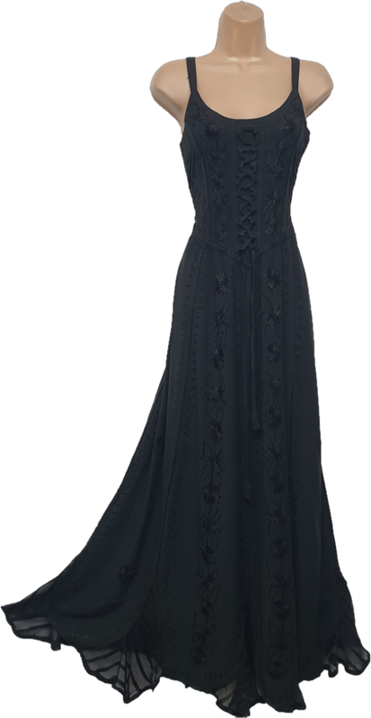 Maxi Gothic Dress Corset Pagan Embroidered Black Size 10 12 14 16 18 20 22 24