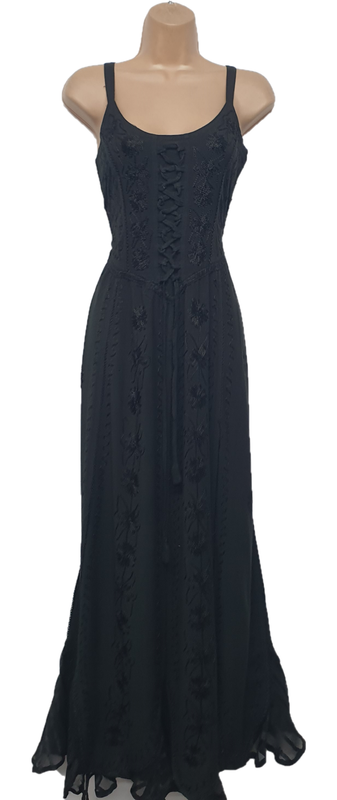 Maxi Gothic Dress Corset Pagan Embroidered Black Size 10 12 14 16 18 20 22 24