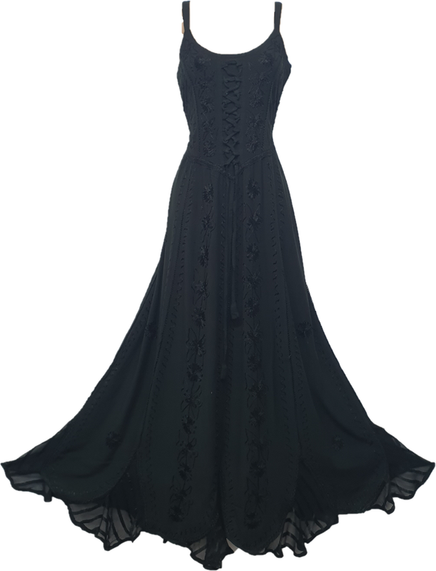 Maxi Gothic Dress Corset Pagan Embroidered Black Size 10 12 14 16 18 20 22 24