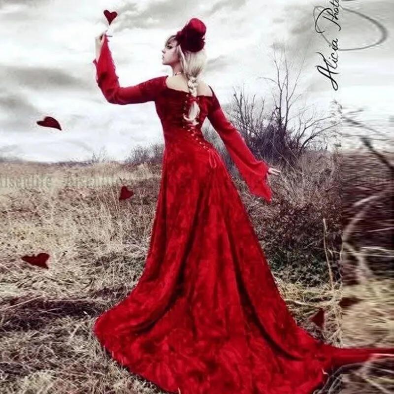 Medieval Gothic Wedding Dresses Red Off Shoulders Long Sleeves Bridal Gowns