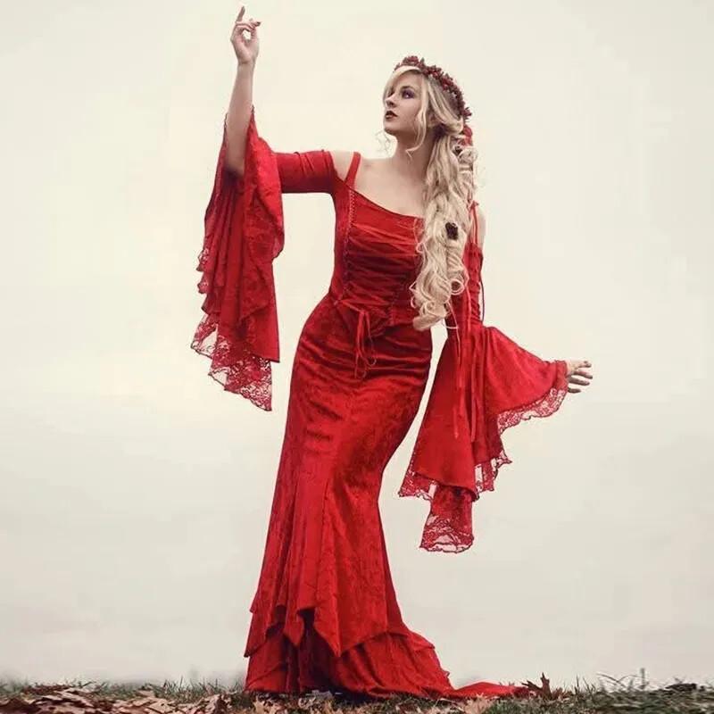 Medieval Gothic Wedding Dresses Red Off Shoulders Long Sleeves Bridal Gowns
