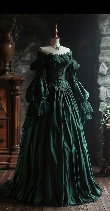 Medieval Vintage A-Line Satin Lace Evening Dresses Long Sleeve Floor Length
