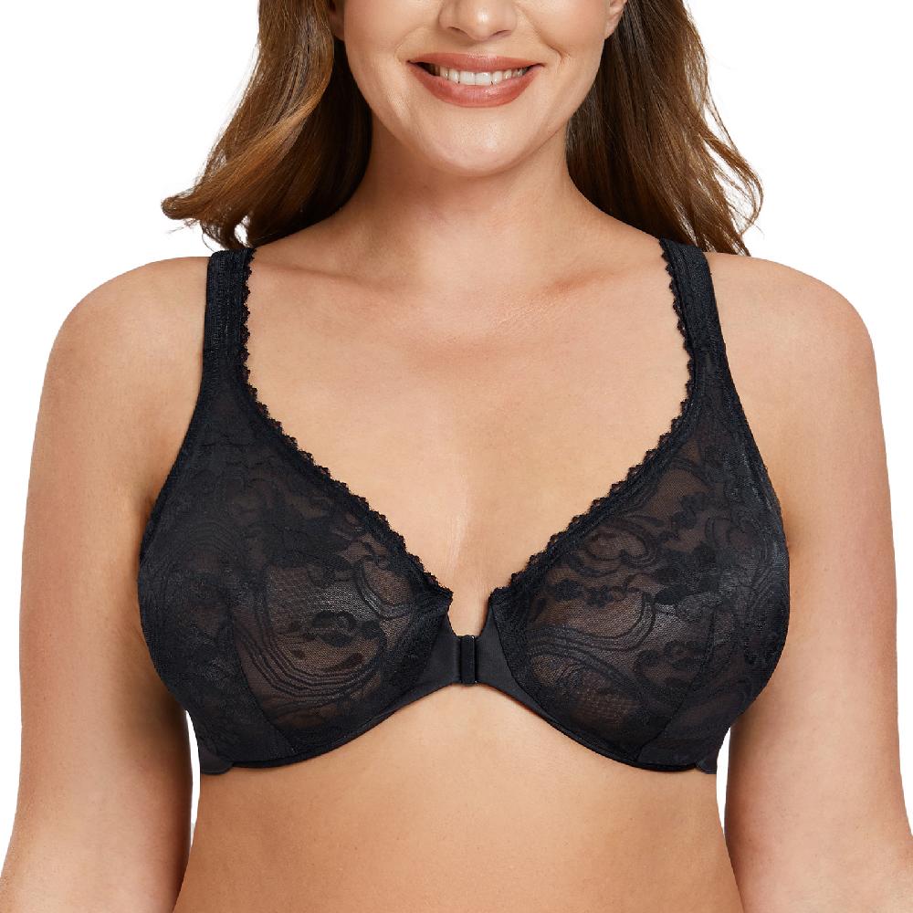 MELENECA Women s Plus Size Front Closure No Padding Lace Underwire Bra Black