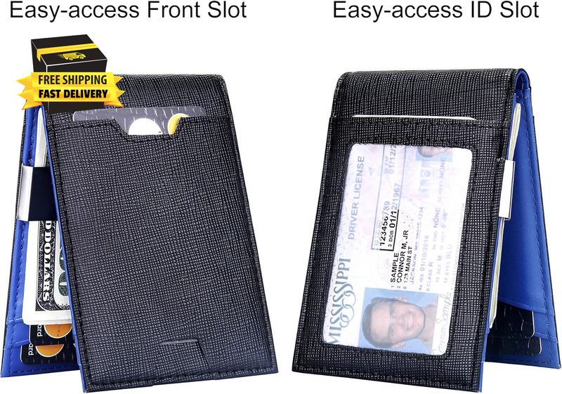 Men Bifold Wallet With Money Clip - Leather Minimalist Front Pocket RFID Blockin