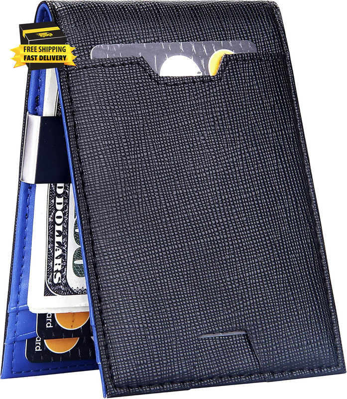 Men Bifold Wallet with Money Clip - Leather Minimalist Front Pocket RFID Blockin