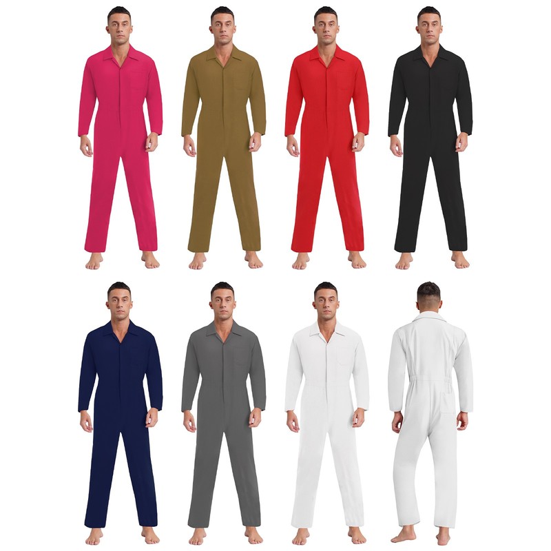 Men Long Sleeve Jumpsuits Collar Zipper Closure Front Solid Color Bodysuit Club