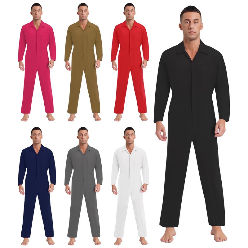 Men Long Sleeve Jumpsuits Collar Zipper Closure Front Solid Color Bodysuit Club