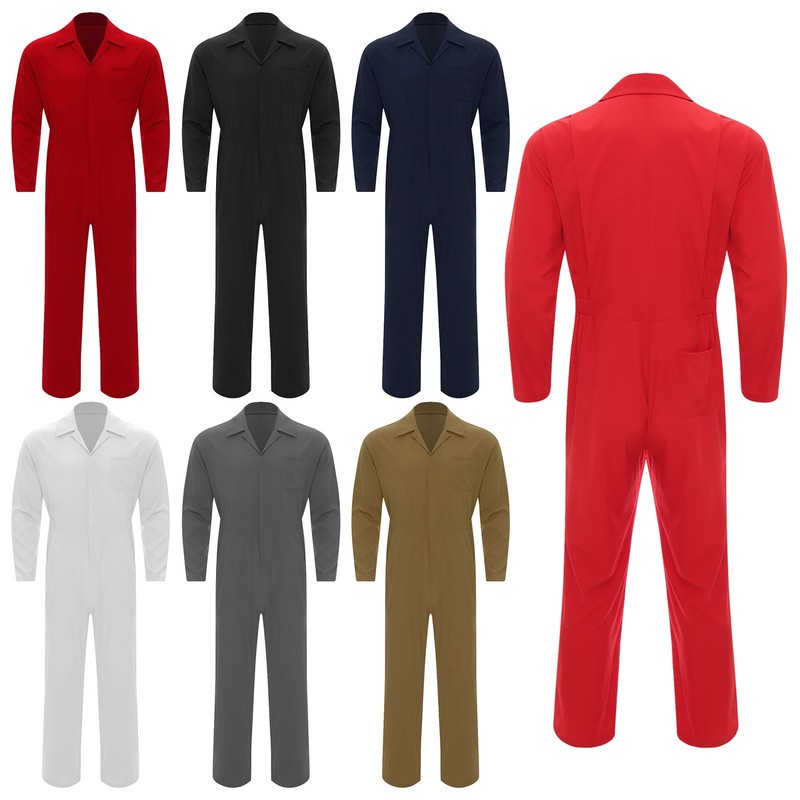Men Long Sleeve Jumpsuits Collar Zipper Closure Front Solid Color bodysuit club