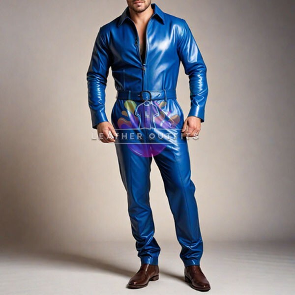 MEN'S GENUINE SOFT LEATHER BLUE JUMPSUIT CATSUIT FRONT ZIPPER OVERALL BODYSUIT