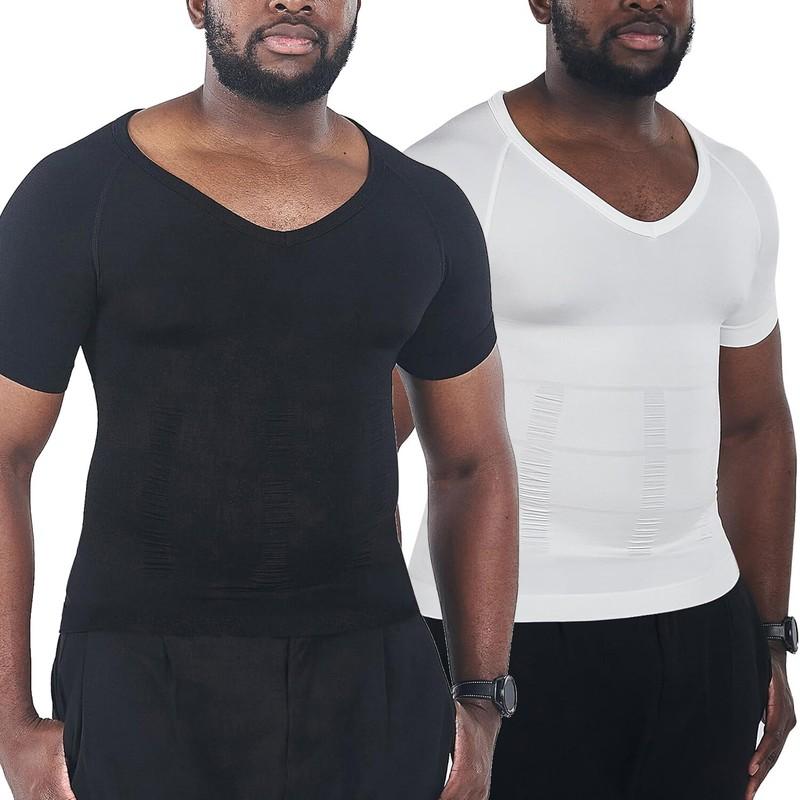 Men's Muscle V-Neck Compression Vest Body Shaper Baselayer Slimming T-Shirt Tops