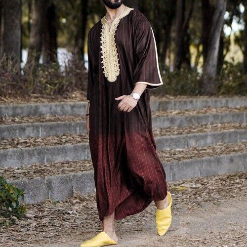 Men's National Bodysuit Relaxed Casual V-neck Printed Loose-Fitting Muslim Gown