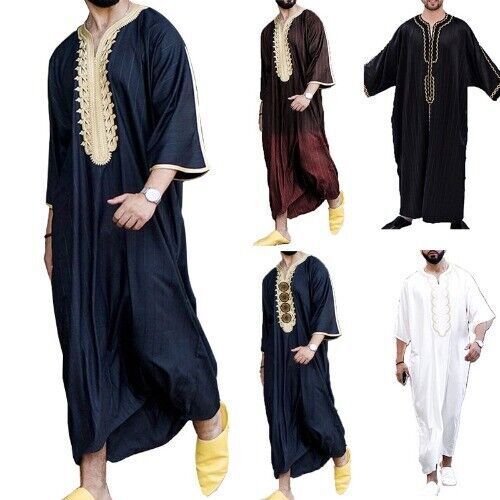 Men's National Bodysuit Relaxed Casual V-neck Printed Loose-Fitting Muslim Gown