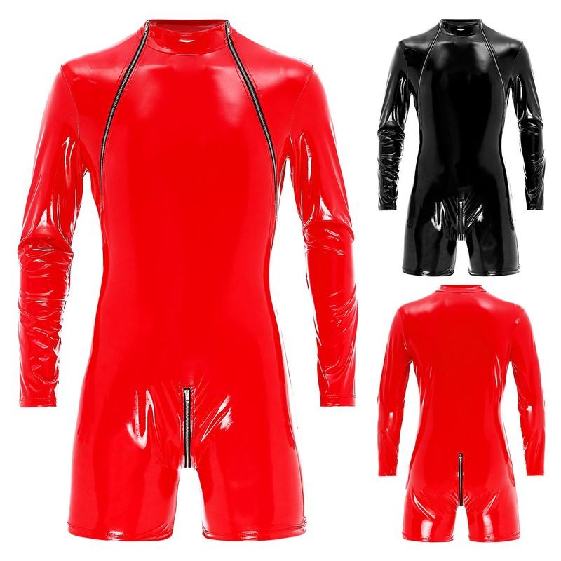 Men's Patent Leather Boxer Short Jumpsuit Bodysuit Zipper Front Crotch Underwear
