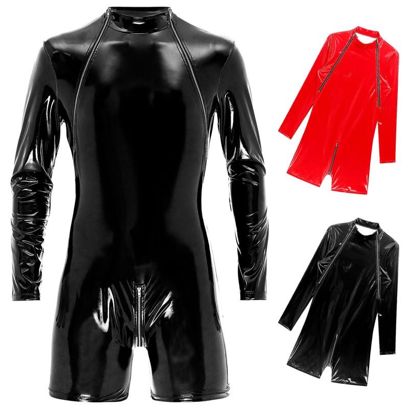 Men's Patent Leather Boxer Short Jumpsuit Bodysuit Zipper Front Crotch Underwear