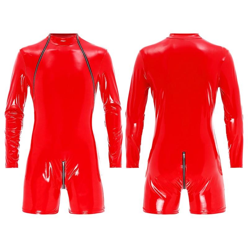 Men's Patent Leather Boxer Short Jumpsuit Bodysuit Zipper Front Crotch Underwear