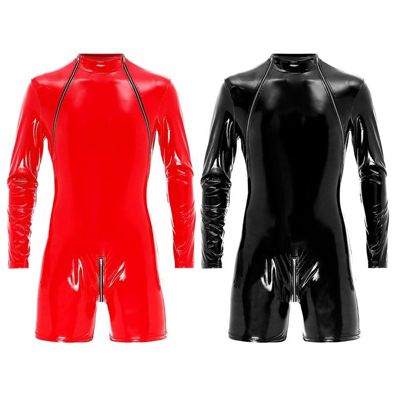 Men's Patent Leather Boxer Short Jumpsuit Bodysuit Zipper Front Crotch Underwear
