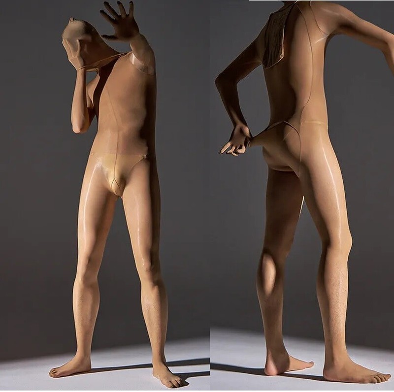 Men Transparent Glossy Jumpsuit Shiny Full Bodystockings W/ Hood & Gloves/Toes