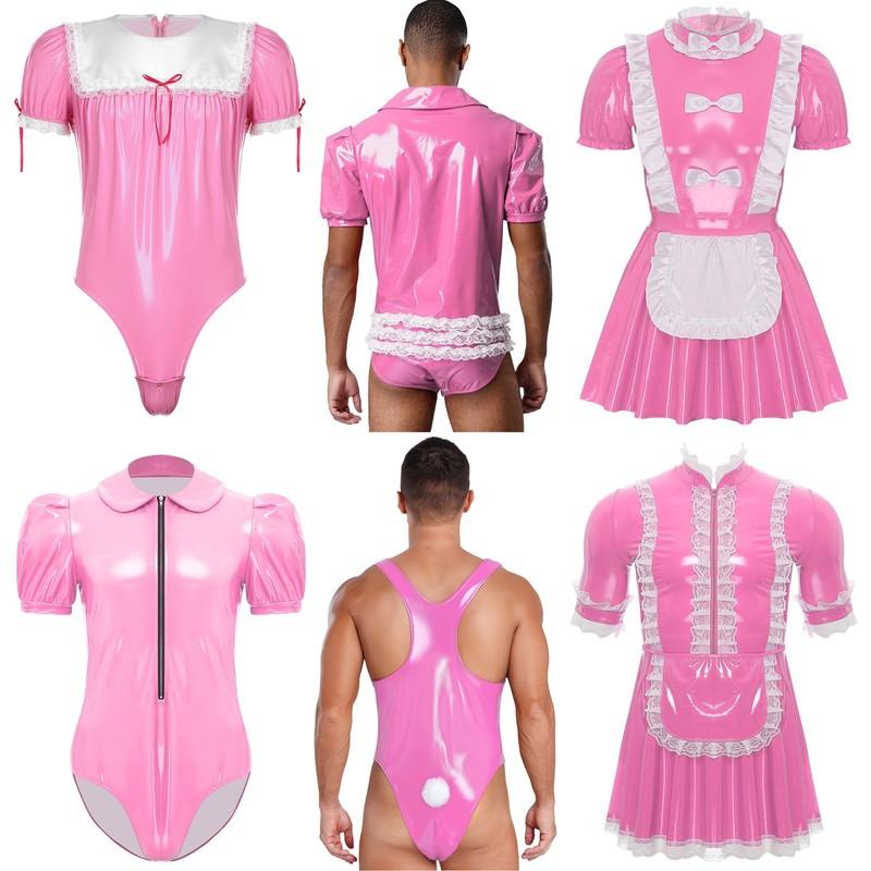 Men Wet Look Shiny Leather Short Sleeve Cosplay Jumpsuit Zip Up Romper Nightclub