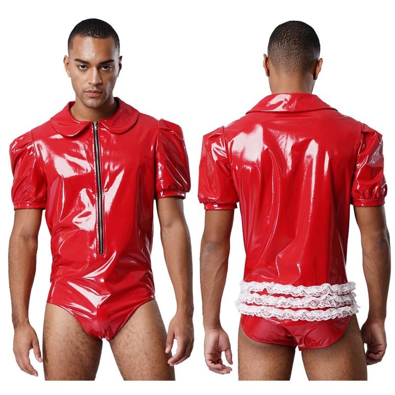 Men Wet Look Shiny Leather Short Sleeve Cosplay Jumpsuit Zip Up Romper Nightclub