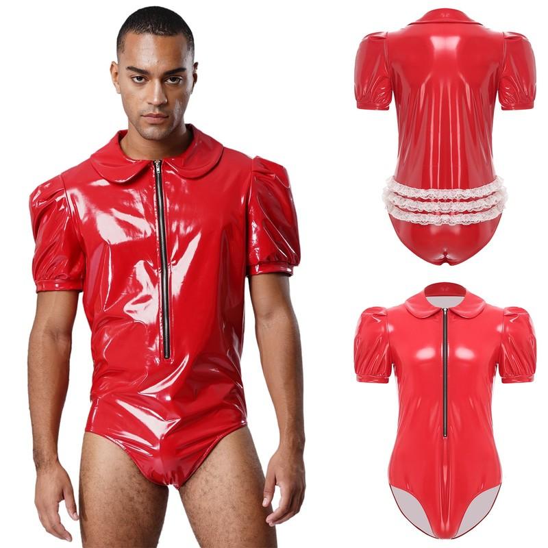 Men Wet Look Shiny Leather Short Sleeve Cosplay Jumpsuit Zip Up Romper Nightclub