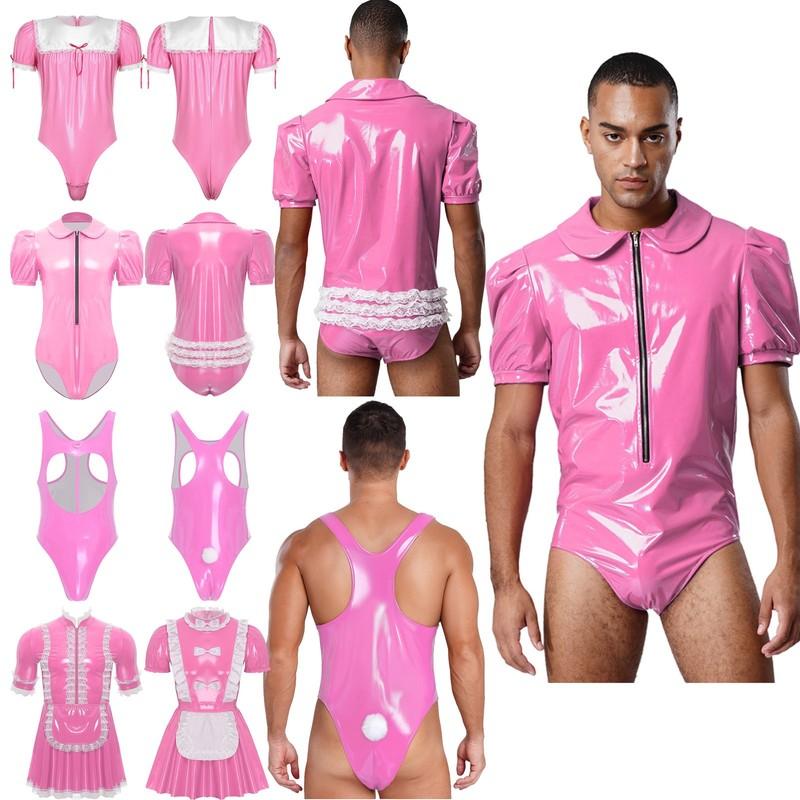 Men Wet Look Shiny Leather Short Sleeve Cosplay Jumpsuit Zip Up Romper Nightclub