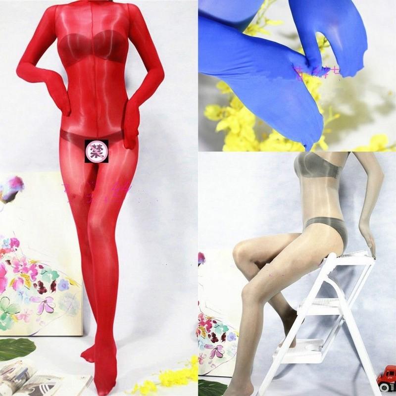 Men Women 8D Shiny Bodysuit See Transparent Full Bodyhose with Gloves Underwear