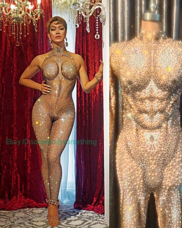 Men Women's Full Rhinestone Pearl Jumpsuit Stretch Bodysuit Dancer Stage Costume