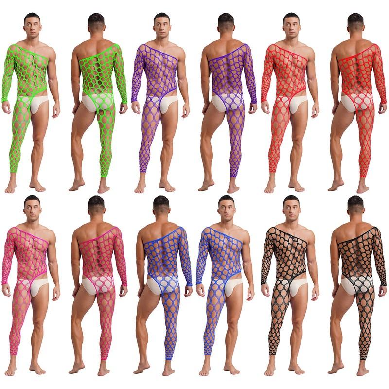 Mens Jumpsuit Rhinestone Lingerie Nightclub Bodysuit Tights Nightwear Netted