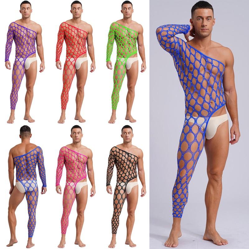 Mens Jumpsuit Rhinestone Lingerie Nightclub Bodysuit Tights Nightwear Netted