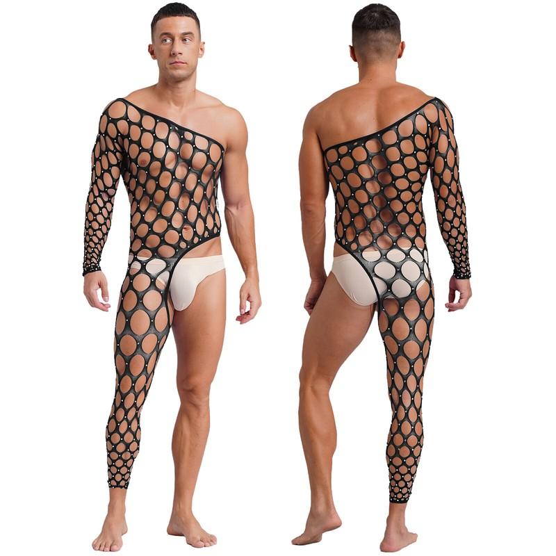 Mens Jumpsuit Rhinestone Lingerie Nightclub Bodysuit Tights Nightwear Netted