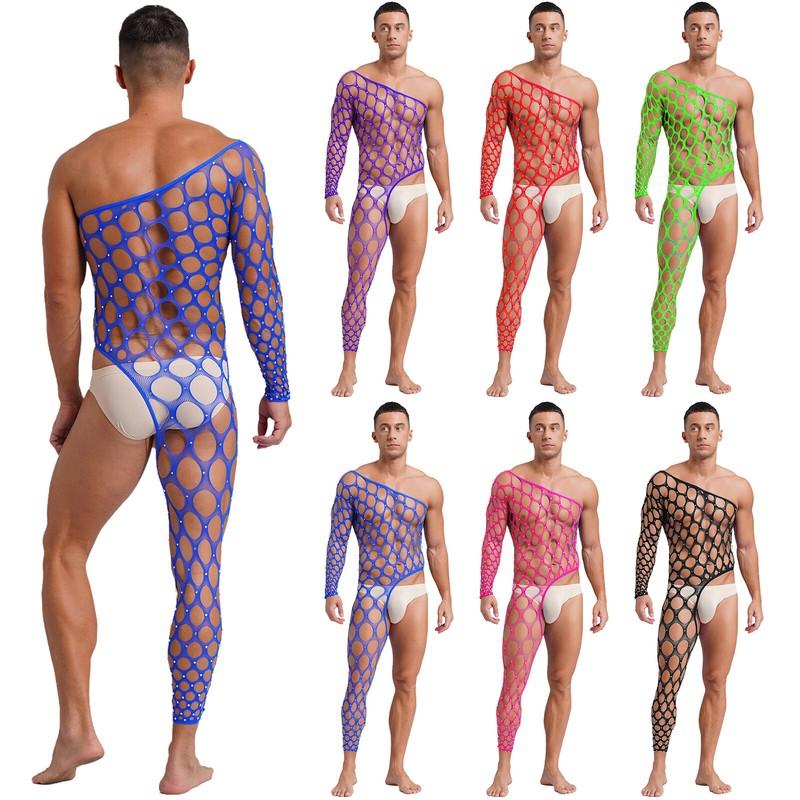 Mens Jumpsuit Rhinestone Lingerie Nightclub Bodysuit Tights Nightwear Netted