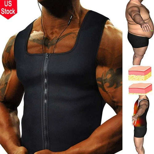 Mens Sauna Suit Sweat Vest Waist Trainer Body Shaper Tank Top Compression Shirt