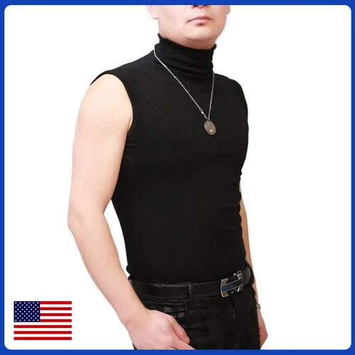 Mens Sleeveless Turtleneck Tee Solid Tank Shirt Thermal Pullover Top Slim Fit
