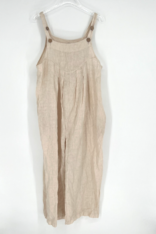 Meo Meli Jumpsuit Womens L Linen Tan Boho Natural Relaxed Peasant Prairie