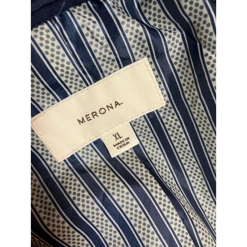 Merona Women’s XL Trench Coat Dark Blue Striped Belted Long Jacket Classic Style