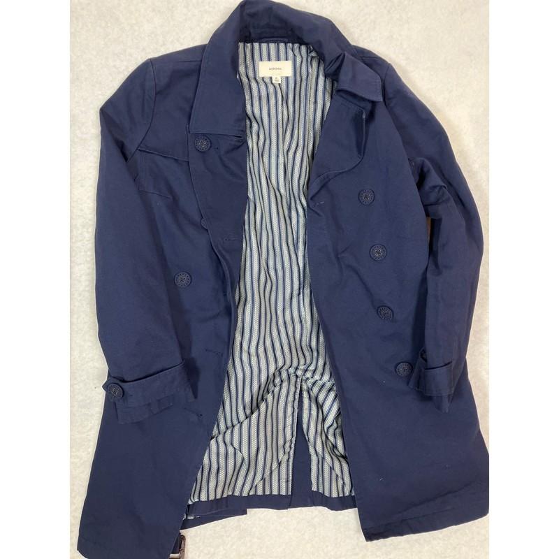 Merona Women’s XL Trench Coat Dark Blue Striped Belted Long Jacket Classic Style