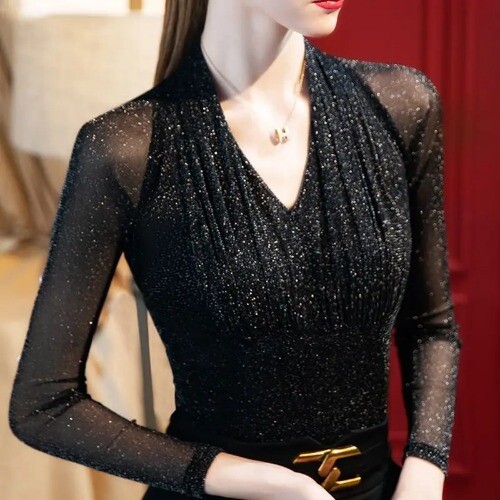 Mesh Latin Dance Tops Sexy V-neck Shirt Latin Salsa Standard Ballroom Dance