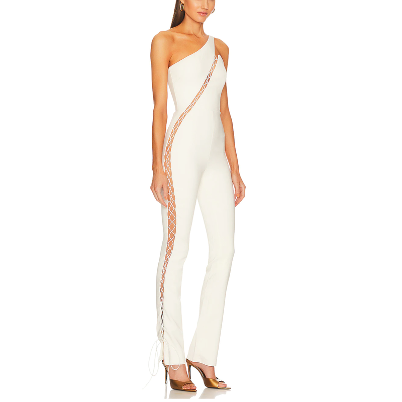 Michael Costello White One Shoulder Jumpsuit XS Lace-up Bustier Cutout $258 NEW