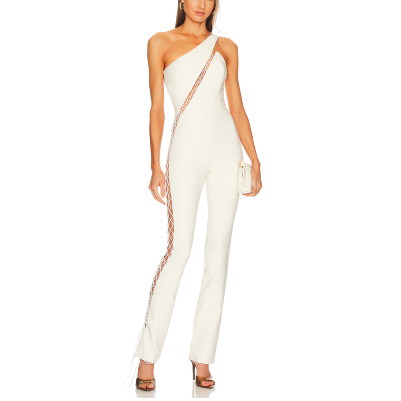 Michael Costello White One Shoulder Jumpsuit XS Lace-up Bustier Cutout $258 NEW