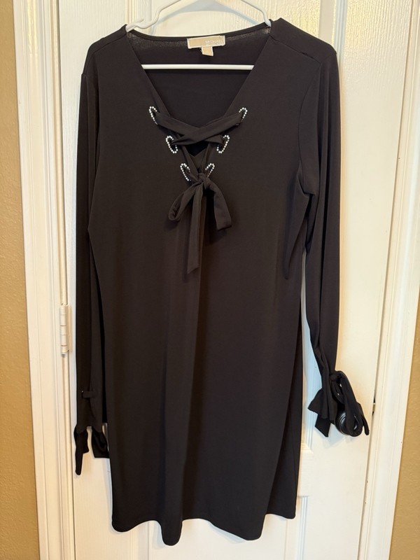 MICHAEL KORS Black Dress Stretch Knit Long Sleeve Tie Sleeve L Large