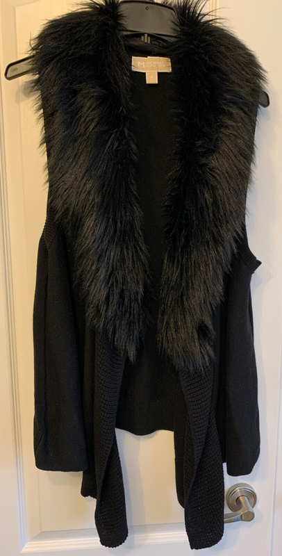 Michael Kors Black Waterfall with Faux Fur Sleeveless Knit Vest Women's M / L