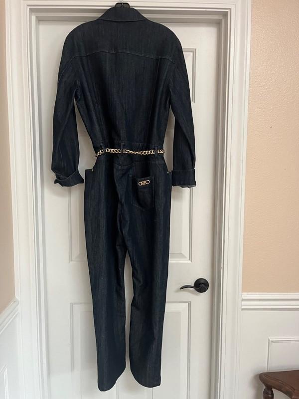Michael Kors Gold Chain Logo Belted Dark Denim Jumpsuit Size 10 Worn Once $295